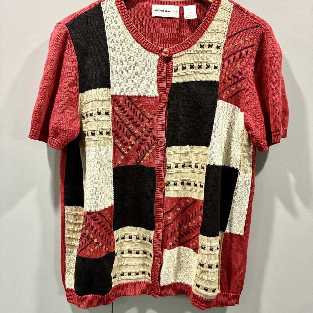 Vintage Alfred Dunner Embellished Patchwork Knit Short Sleeve M Cardigan Granny